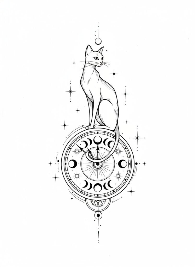 Celestial Clock Cat Tattoo