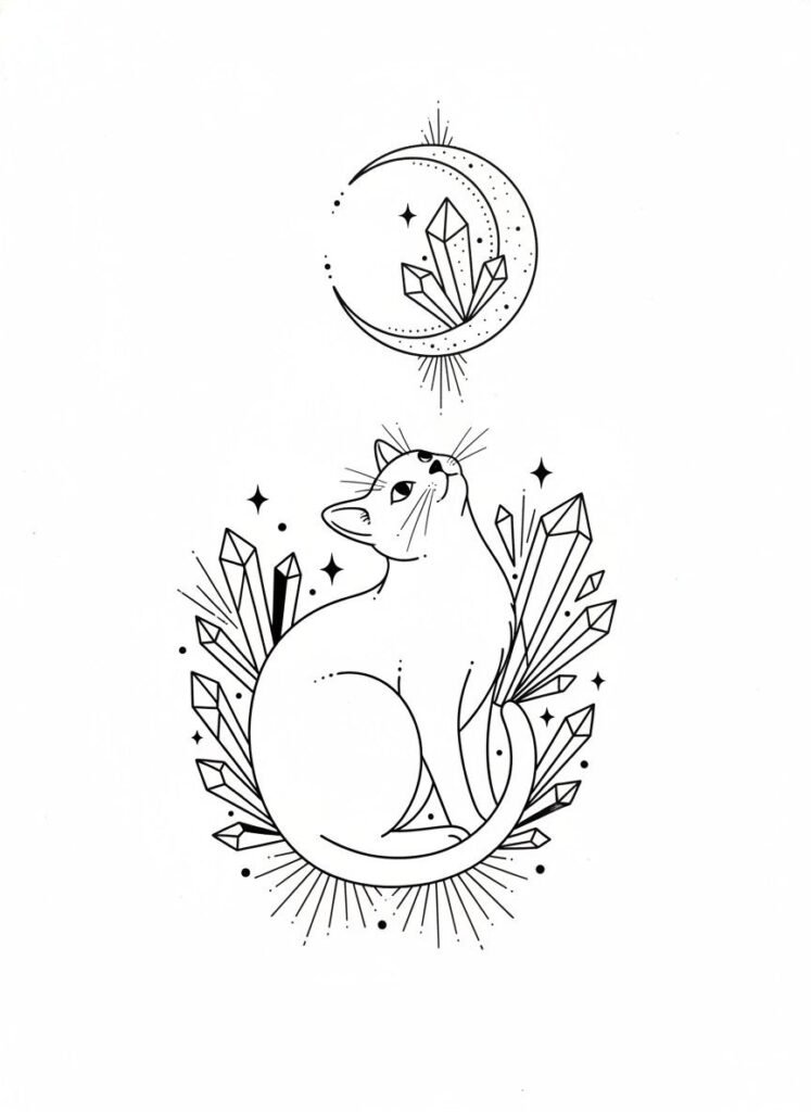 Crystal Moon Cat Tattoo