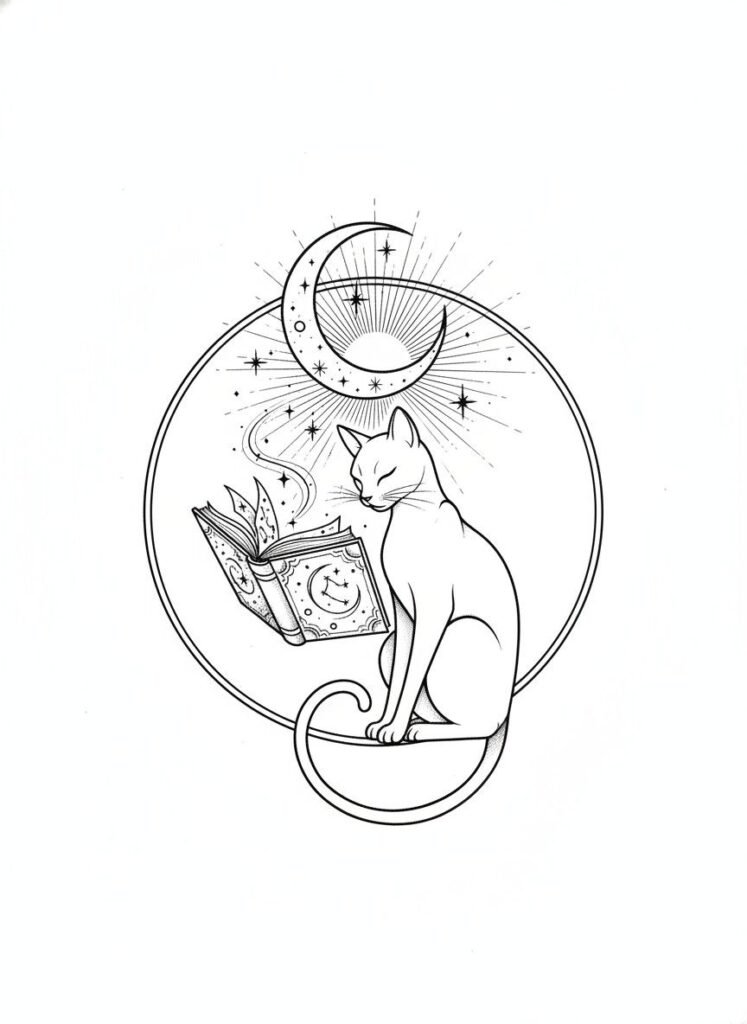 Moon Library Cat Tattoo