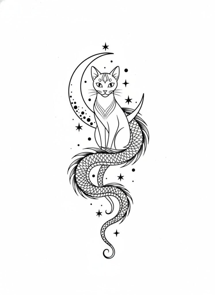 Lunar Dragon Tail Cat Tattoo