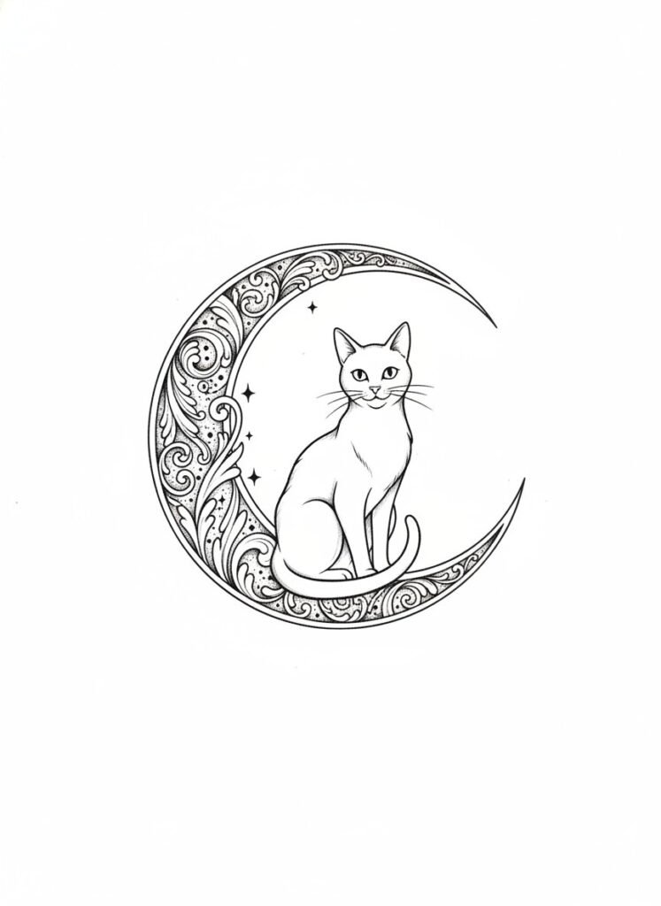 Ornamental Lunar Cat Tattoo