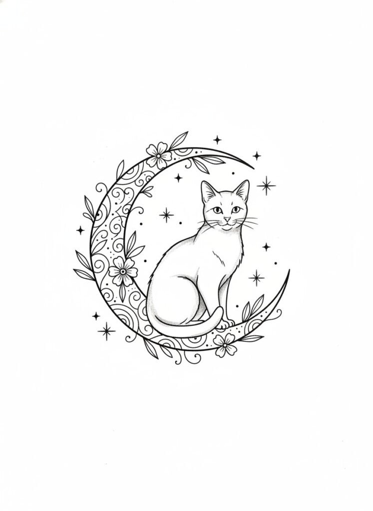 Crescent Moon Garden Cat Tattoo